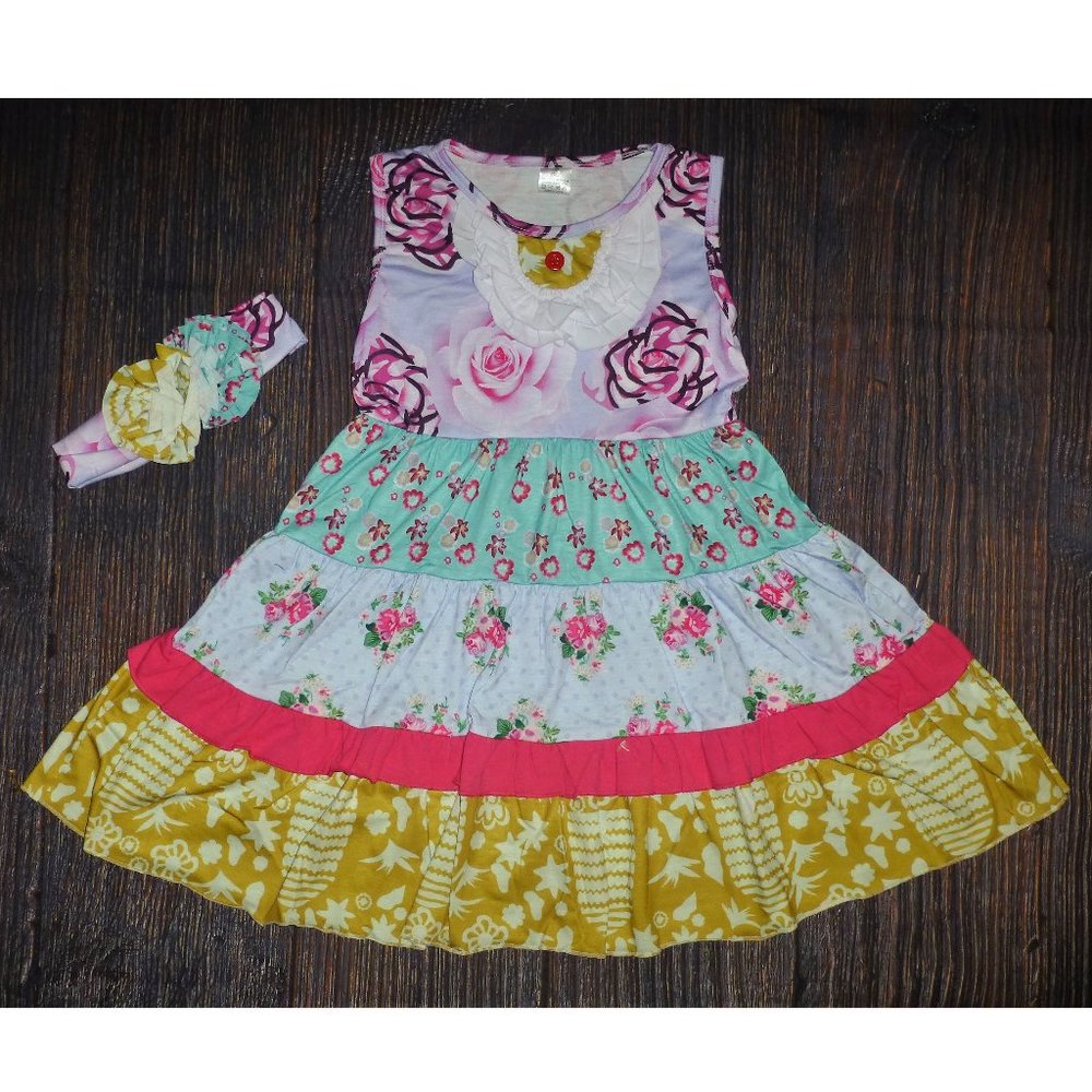 Boutique Girls Tiered Ruffle Dress Headband Set